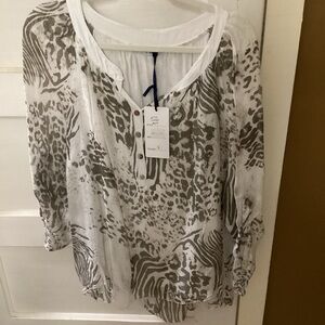 Tempo Paris White and Gray Patterned Blouse